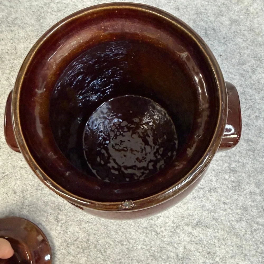 Vintage Two Tone Brown and Cream Stoneware Bean Pot Crock with Lid and Handles